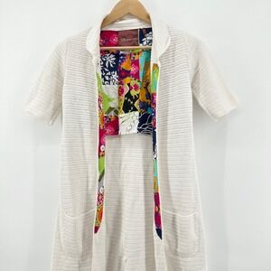 525 America Crochet Long Cardigan Sweater White Short Sleeve Snap Front Small